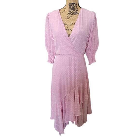 Size 8 Maison Tara Blush Punk Clip Dot Ruffled Faux Wrap Dress Puff Sleeve - Picture 1 of 5